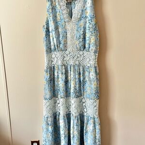 Marchesa Sky Blue and Cream Lace Maxi Dress